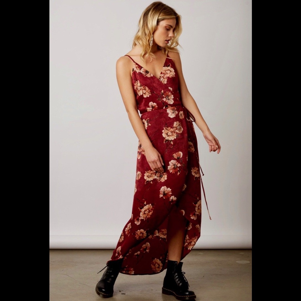 Red Floral Satin Wrap Dress - Picture 1 of 4